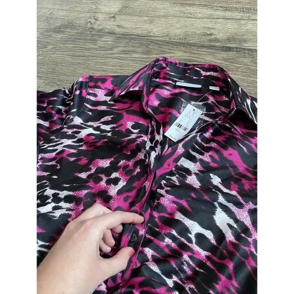 NWT Women New York & Company Stretch Button Up Tie Waist Satin Cheetah Pink Sz M - Picture 8 of 10
